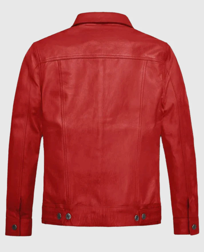 Red Leather Trucker Jacket For Men