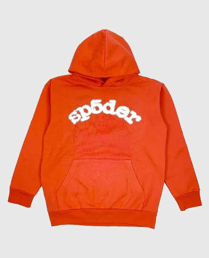 SP5DER Web Suit Orange Hoodie Cotton Rhinestone