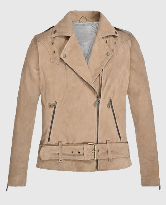 Women's Beige Suede Biker Leather Jacket
