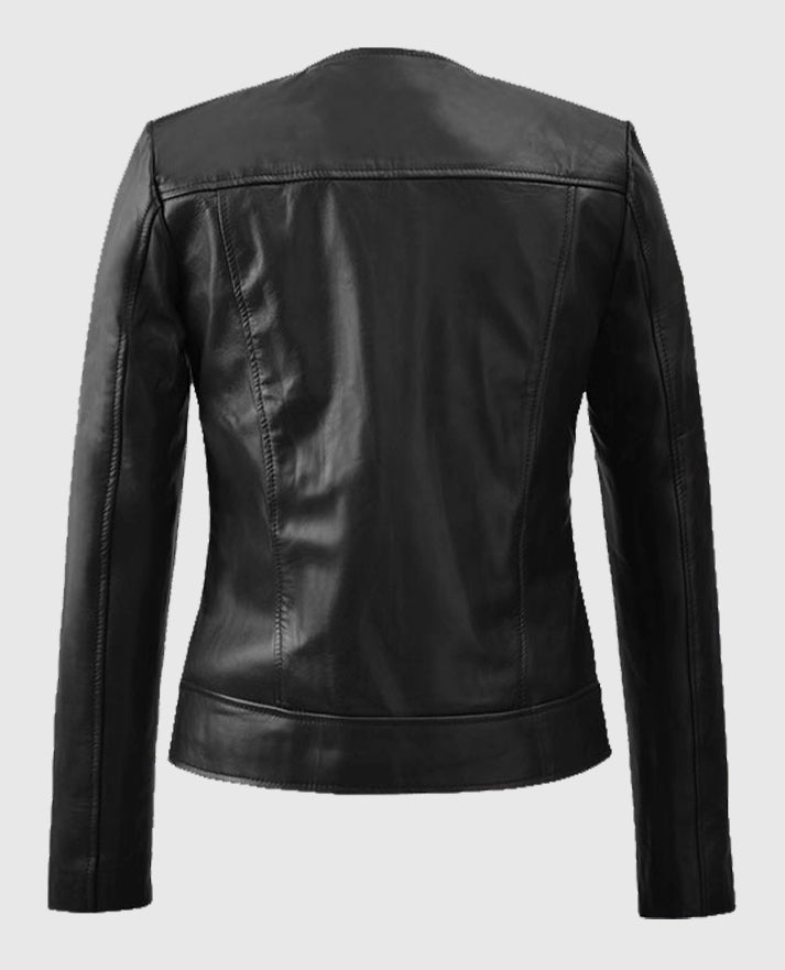 Women's Black Collarless Leather Black Biker Jacket