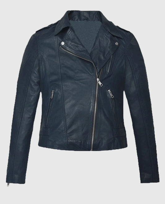 Women's Blue Washed & Wax Biker Leather Jacket
