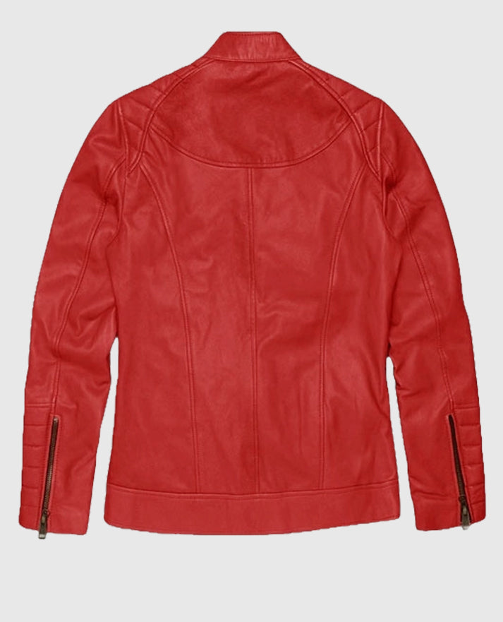 Women's Red Cafe Racer Leather Jacket - second image