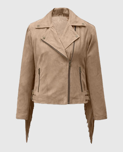Women's Dusty Beige Suede Leather Fringes Jacket
