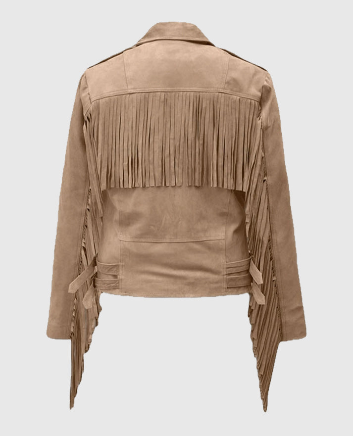 Women's Dusty Suede Leather Fringes Beige Jacket