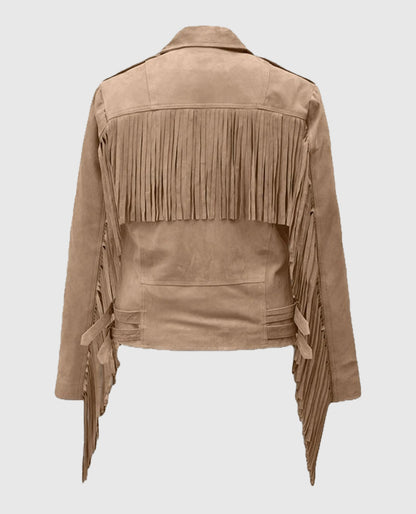 Women's Dusty Suede Leather Fringes Beige Jacket