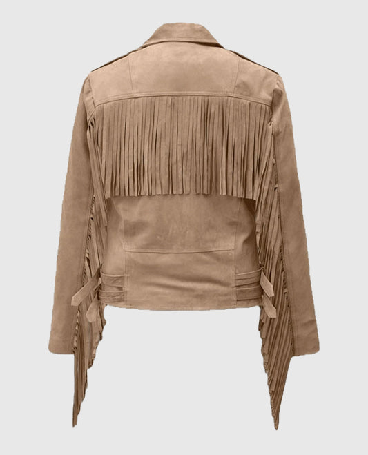 Women's Dusty Suede Leather Fringes Beige Jacket