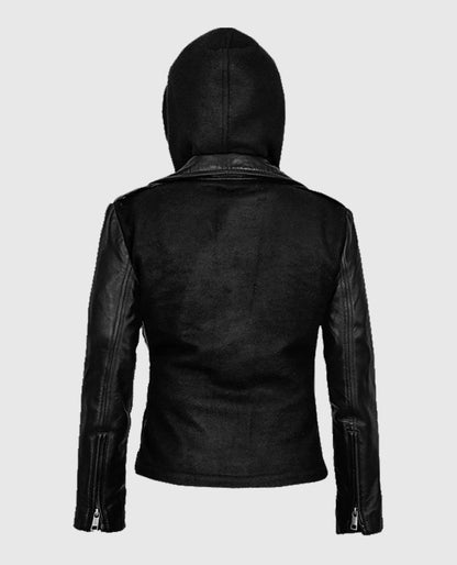 Women's Hooded Biker Black Leather Jacket