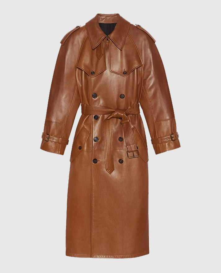 Women's Ivy Double-Breasted Brown Long Leather Coat
