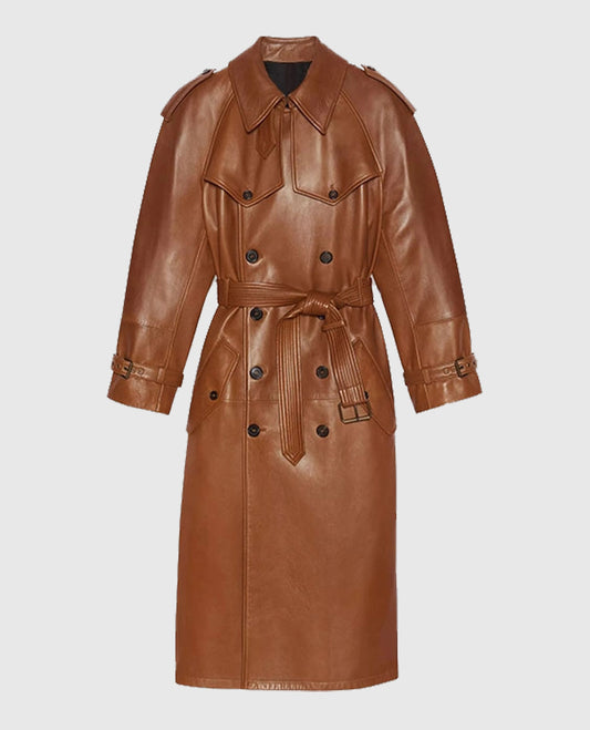 Women's Ivy Double-Breasted Brown Long Leather Coat