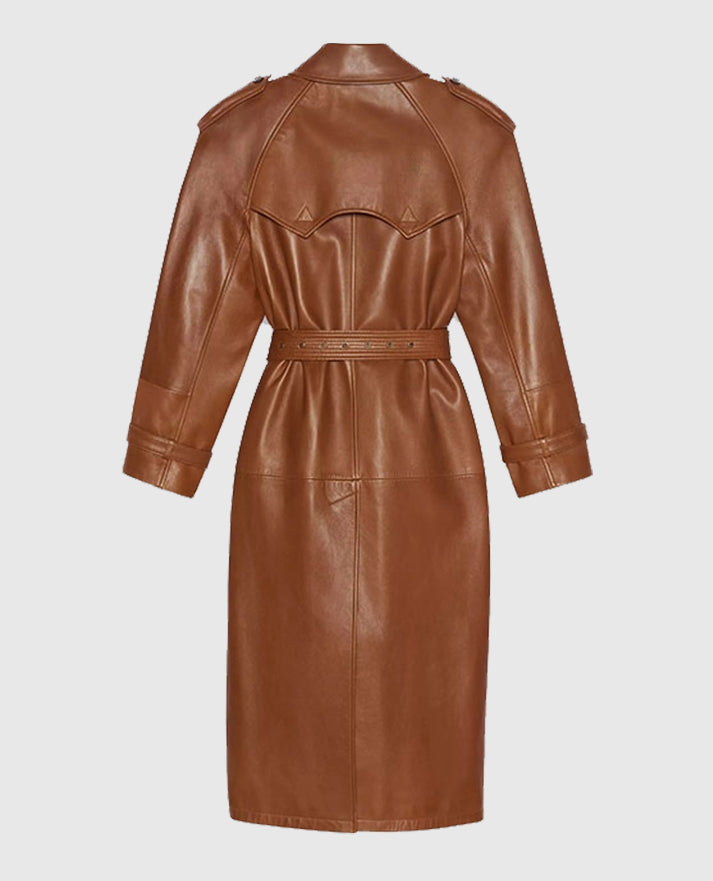 Women's Ivy Double-Breasted Brown Long Leather Coat - second image