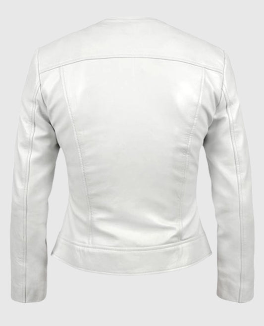 Women's Round Neck Biker Leather White Jacket