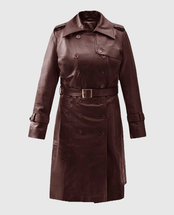 Women's Soft Maroon Wax Halcon Leather Trench Coat