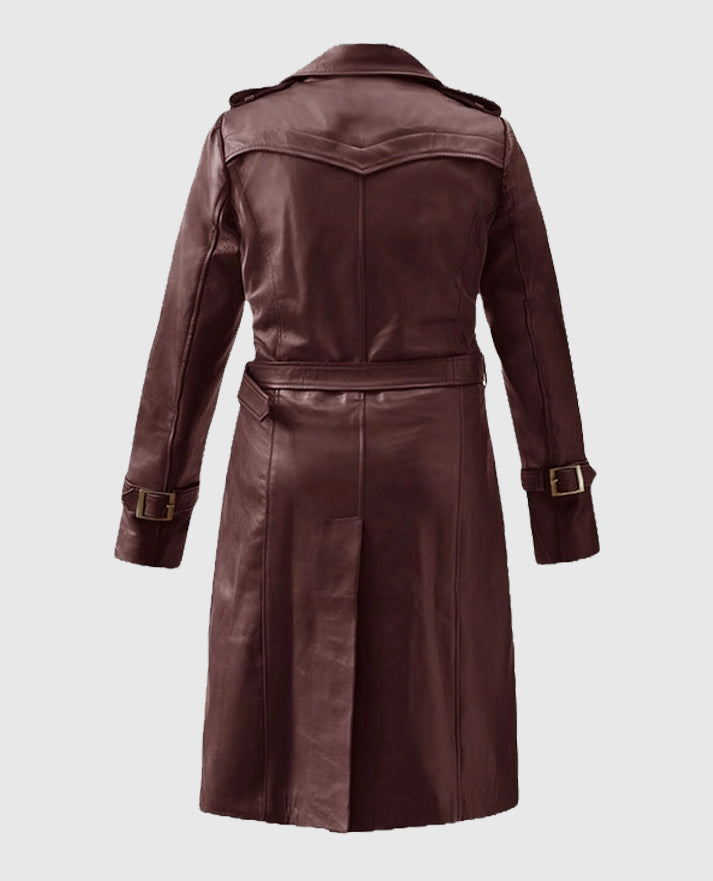 Women's Soft Maroon Wax Halcon Leather Trench Coat - second image