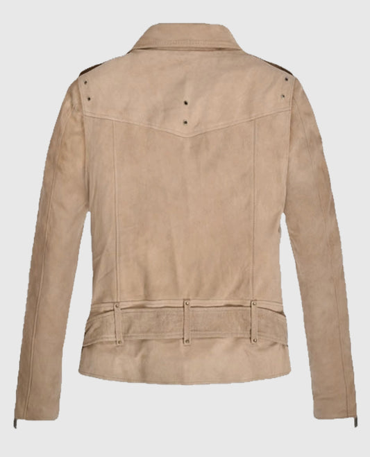 Women's Suede Biker Leather Beige Jacket