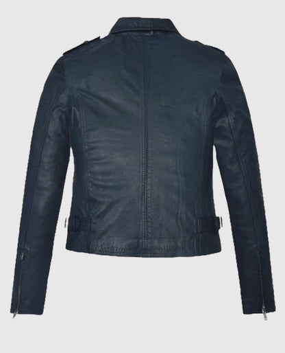 Women's Washed & Wax Biker Leather Blue Jacket